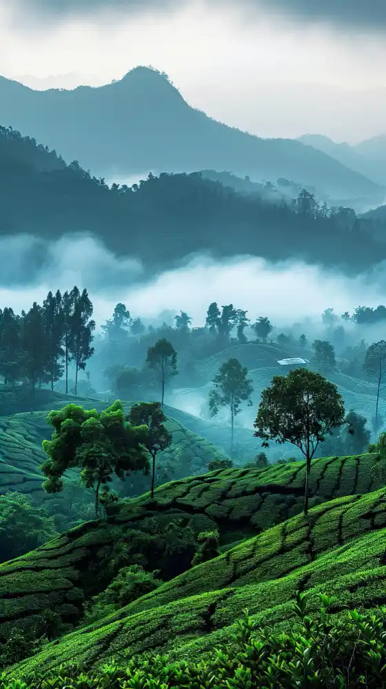 Misty forested hills above green terraced fields
