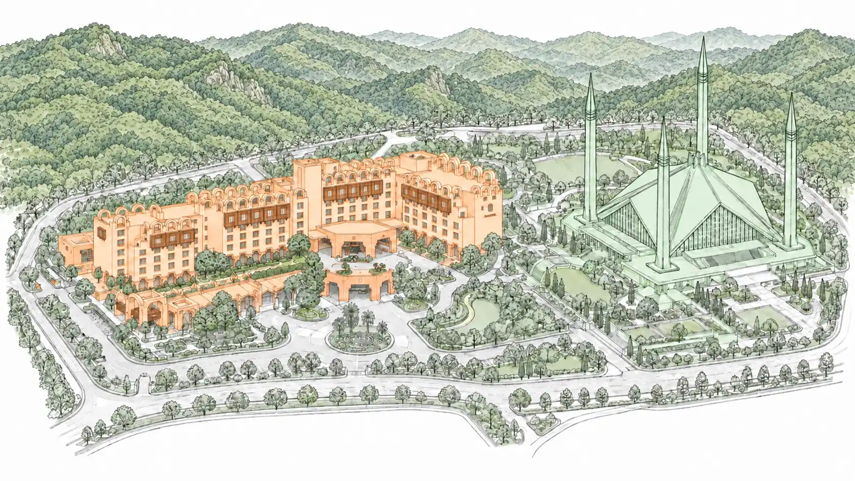 Sketch of Serena Hotel and Faisal Mosque in Islamabad with the Margalla Hills behind, venue of the International Conference on Sustainable Futures 2026